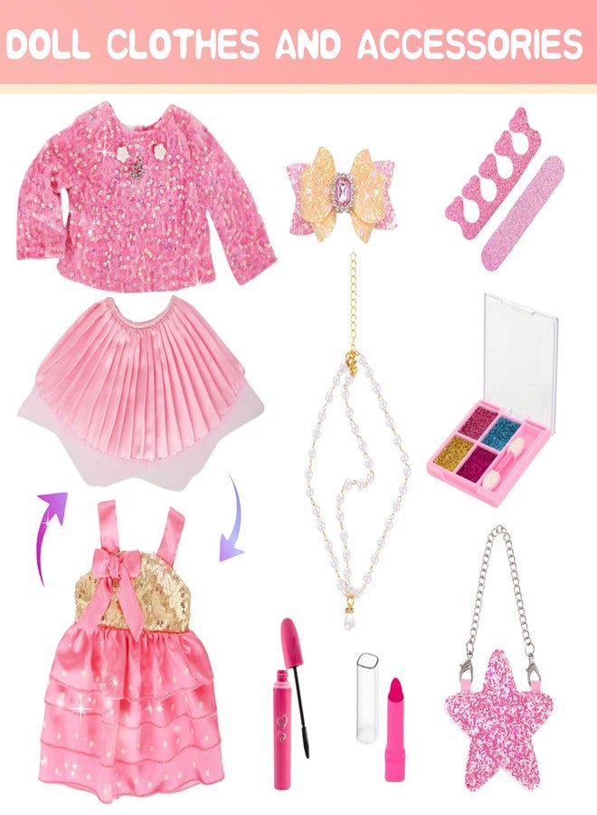 DONTNO American 18 Inch Doll Makeup Accessories and Princess Dress Set,Included 2 Pieces Clothes,Cute Messenger Bag,Pearl Headwear,Lipstick,Eyelash Brush,Eye Shadow,Butterfly Hair Clip and Nail Tool(NO DOLL) - Image 2